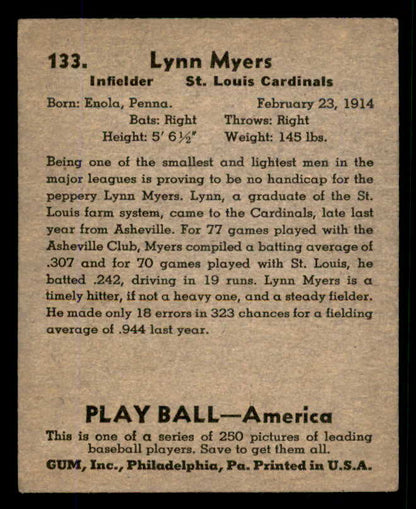1939 Play Ball #133 Lynn Myers Cardinals EX 558368