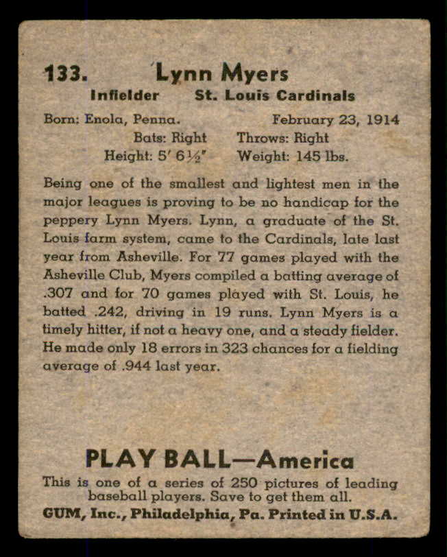 1939 Play Ball #133 Lynn Myers Cardinals VG 558369