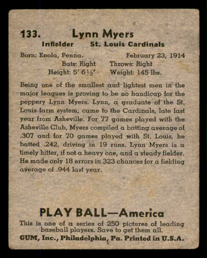 1939 Play Ball #133 Lynn Myers Cardinals VG 558369