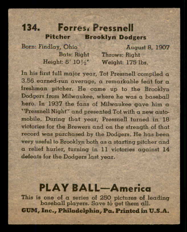 1939 Play Ball #134 Tot Pressnell Dodgers EX-MT 558371