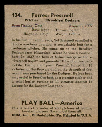 1939 Play Ball #134 Tot Pressnell Dodgers EX-MT 558371