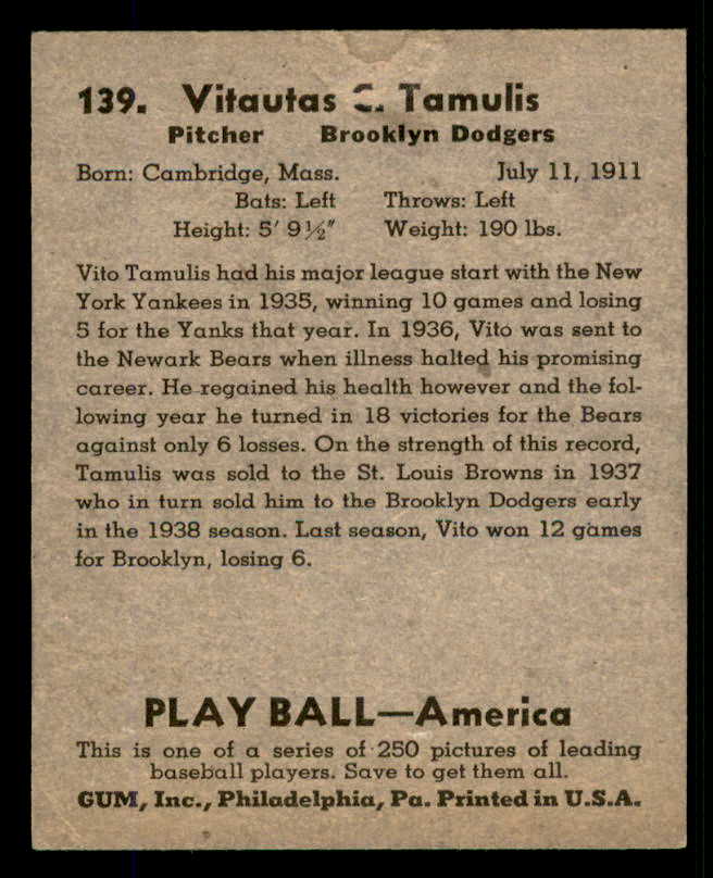 1939 Play Ball #139 Vito Tamulis Dodgers VG-EX 558375