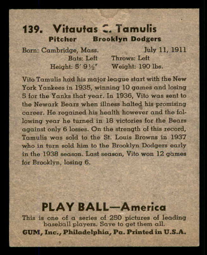 1939 Play Ball #139 Vito Tamulis Dodgers VG-EX 558375