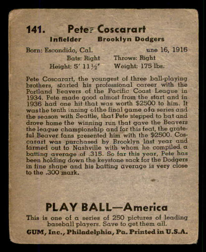 1939 Play Ball #141 Pete Coscarart Dodgers GD-VG 558377