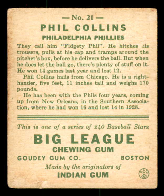 1933 Goudey #021 Phil Collins Phillies VG-EX 558404