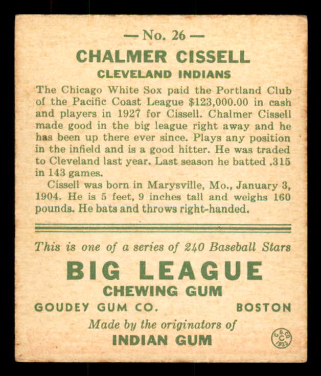 1933 Goudey #026 Bill Cissell Indians VG 558406