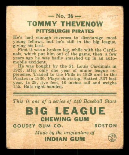 1933 Goudey #036 Tommy Thevenow Pirates VG residue back 558409