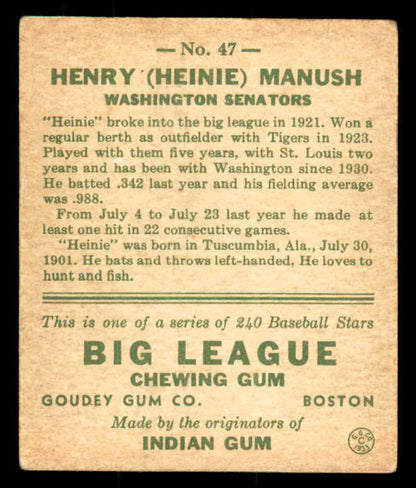 1933 Goudey #047 Heinie Manush Senators VG-EX 558414