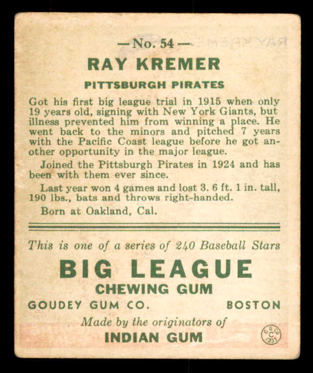 1933 Goudey #054 Ray Kremer Pirates VG-EX 558418