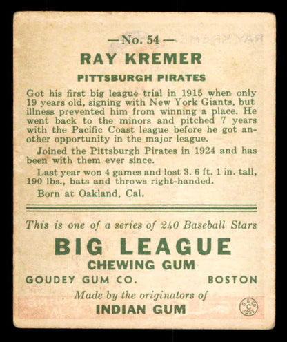 1933 Goudey #054 Ray Kremer Pirates VG-EX 558418
