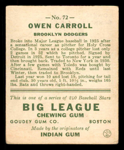 1933 Goudey #072 Owen Carroll Dodgers VG-EX 558427