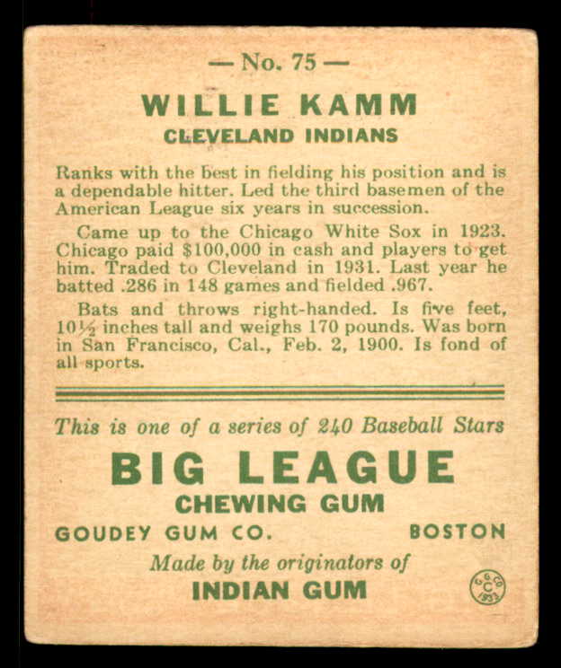 1933 Goudey #075 Willie Kamm Indians VG-EX 558428