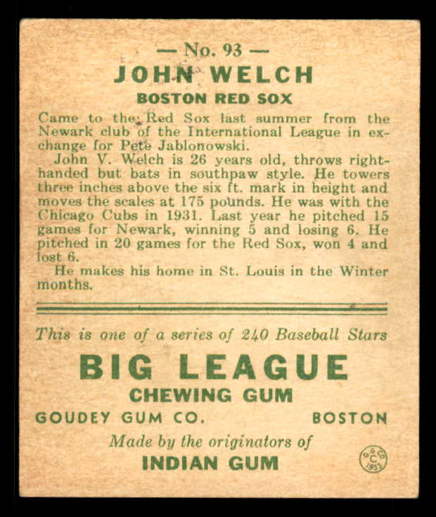 1933 Goudey #093 John Welch Red Sox EX 558437