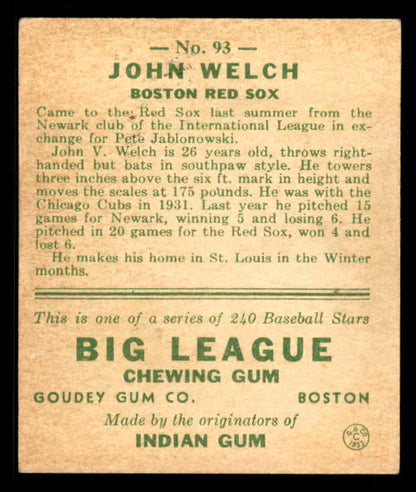1933 Goudey #093 John Welch Red Sox EX 558437