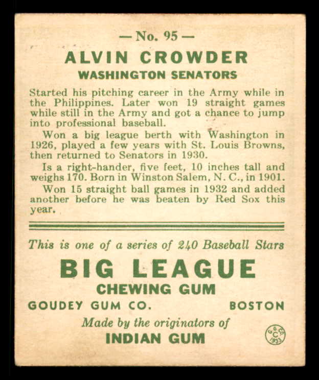 1933 Goudey #095 Alvin Crowder Senators EX 558439