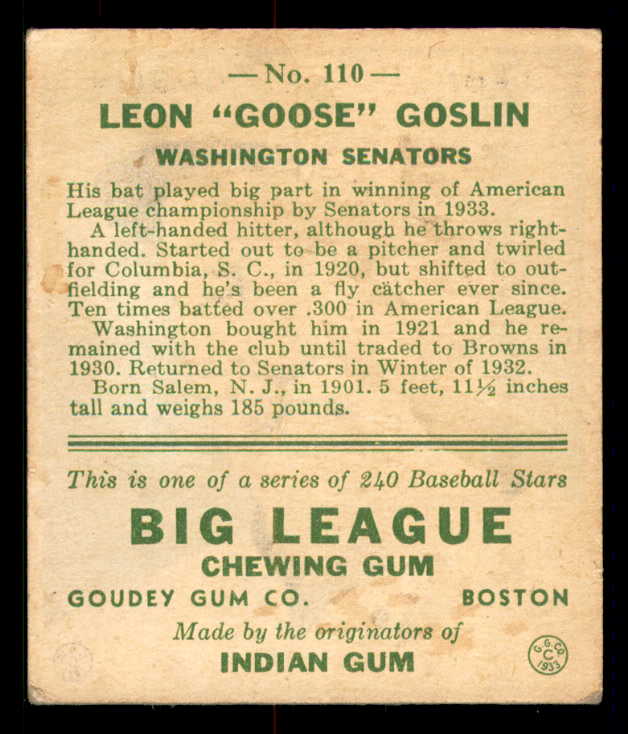 1933 Goudey #110 Goose Goslin Senators VG 558445