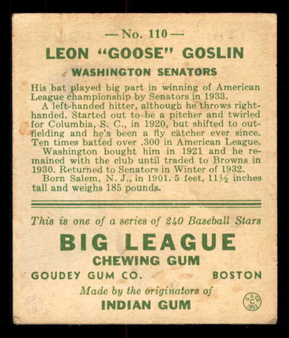 1933 Goudey #110 Goose Goslin Senators VG 558445