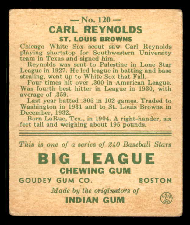 1933 Goudey #120 Carl Reynolds Browns VG-EX 558451