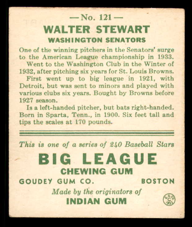 1933 Goudey #121 Lefty Stewart Senators EX 558452