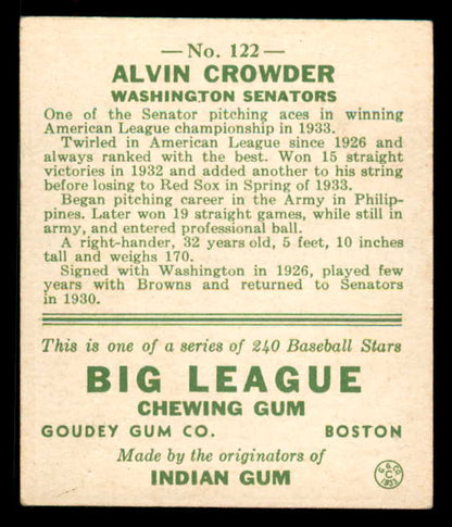 1933 Goudey #122 Alvin Crowder Senators VG-EX 558453