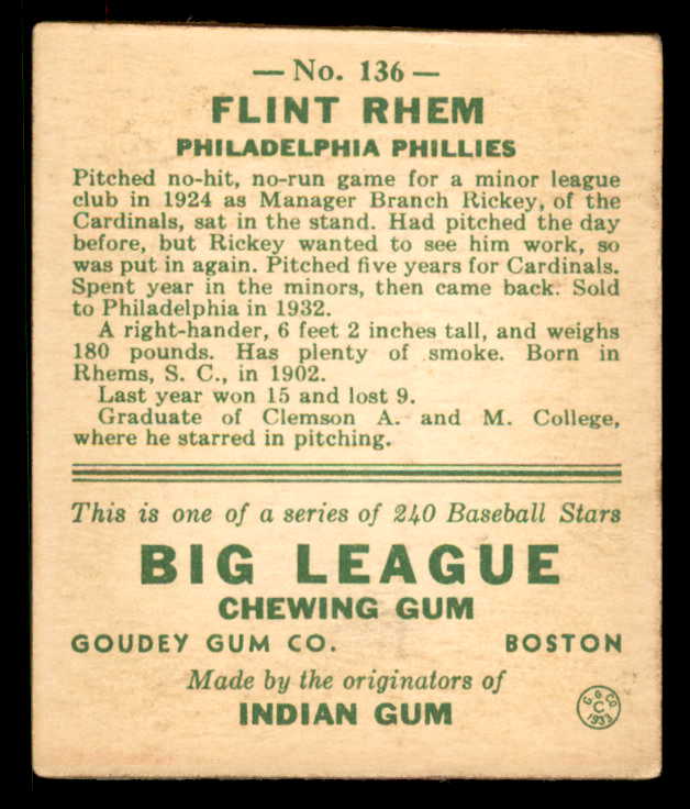 1933 Goudey #136 Flint Rhem Phillies VG-EX 558457