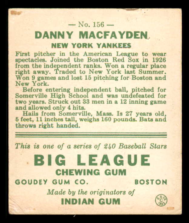1933 Goudey #156 Danny MacFayden Yankees EX 558469