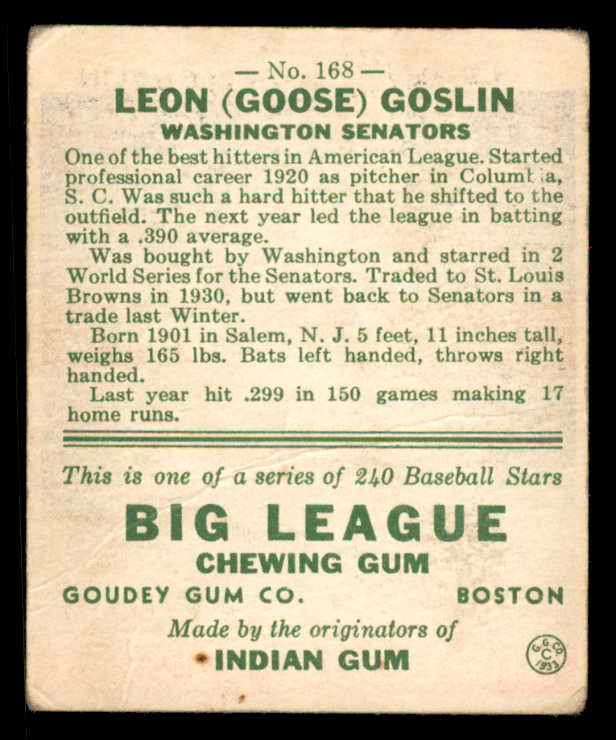 1933 Goudey #168 Goose Goslin Senators GD-VG/VG crease 558477