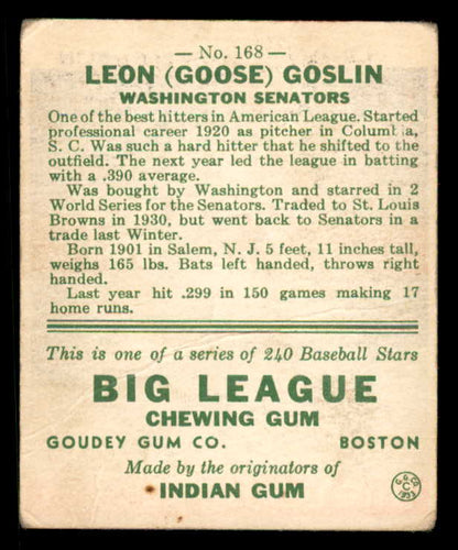 1933 Goudey #168 Goose Goslin Senators GD-VG/VG crease 558477