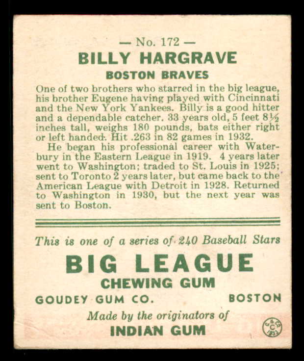 1933 Goudey #172 Pinky Hargrave Braves EX 558481