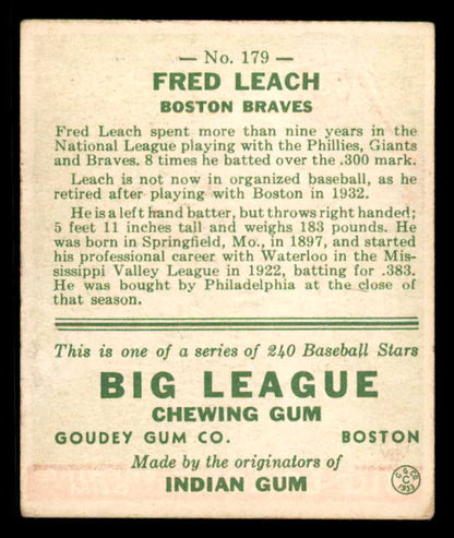 1933 Goudey #179 Fred Leach Braves VG-EX 558486