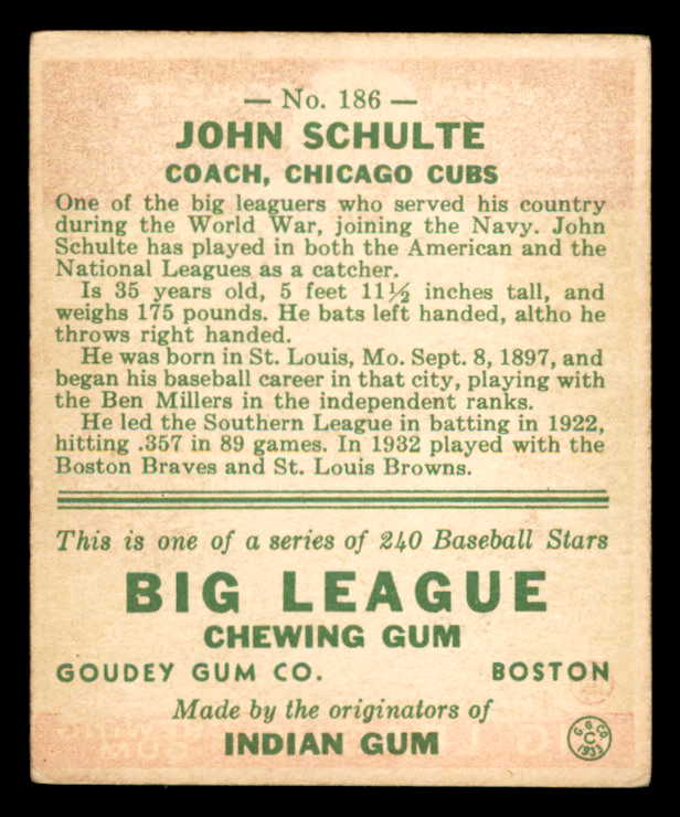1933 Goudey #186 Johnny Schulte Cubs EX 558490