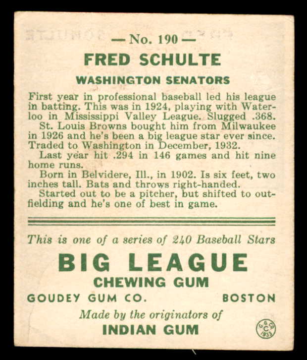 1933 Goudey #190 Fred Schulte Senators EX 558491