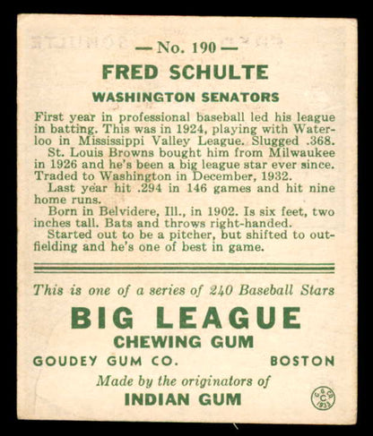 1933 Goudey #190 Fred Schulte Senators EX 558491