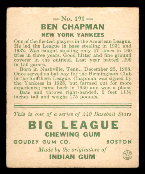 1933 Goudey #191 Ben Chapman Yankees VG-EX 558492