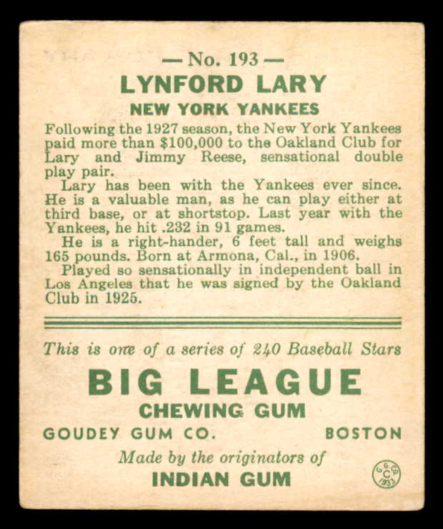1933 Goudey #193 Lyn Lary Yankees EX 558494