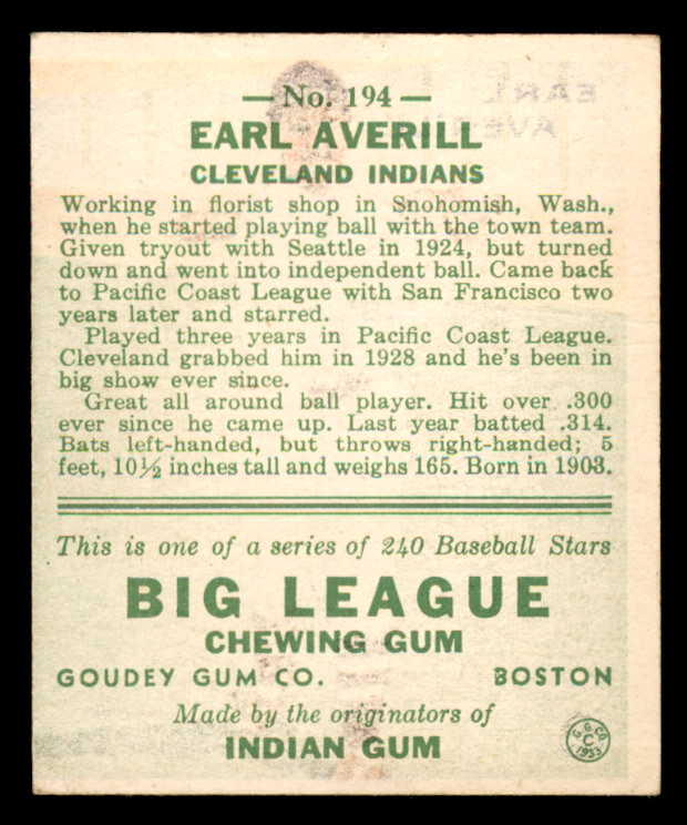 1933 Goudey #194 Earl Averill Indians VG-EX 558495