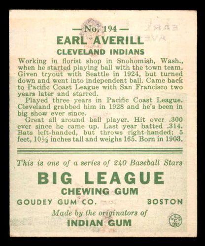 1933 Goudey #194 Earl Averill Indians VG-EX 558495