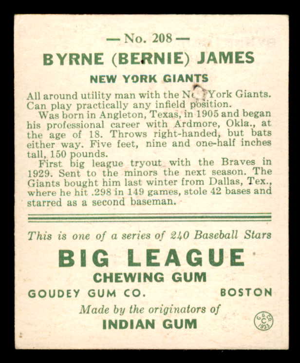 1933 Goudey #208 Bernie James Giants VG-EX 558504