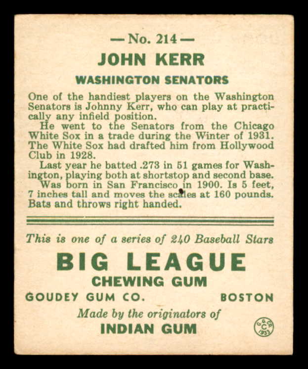 1933 Goudey #214 John Kerr Senators VG-EX 558506