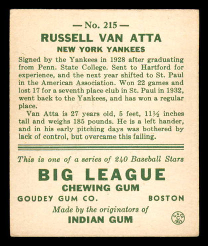 1933 Goudey #215 Russ Van Atta Yankees EX 558507