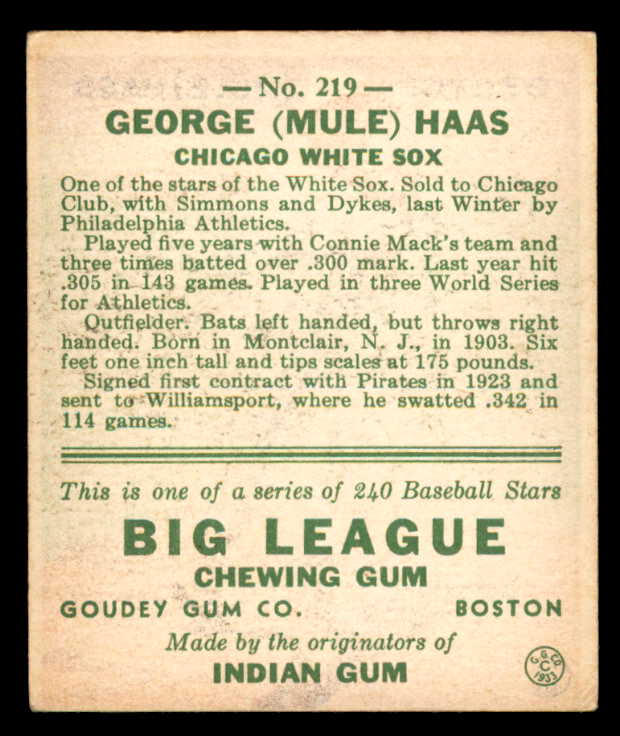 1933 Goudey #219 Mule Haas White Sox EX oc 558508