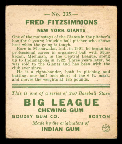 1933 Goudey #235 Fred Fitzsimmons Giants VG-EX 558513