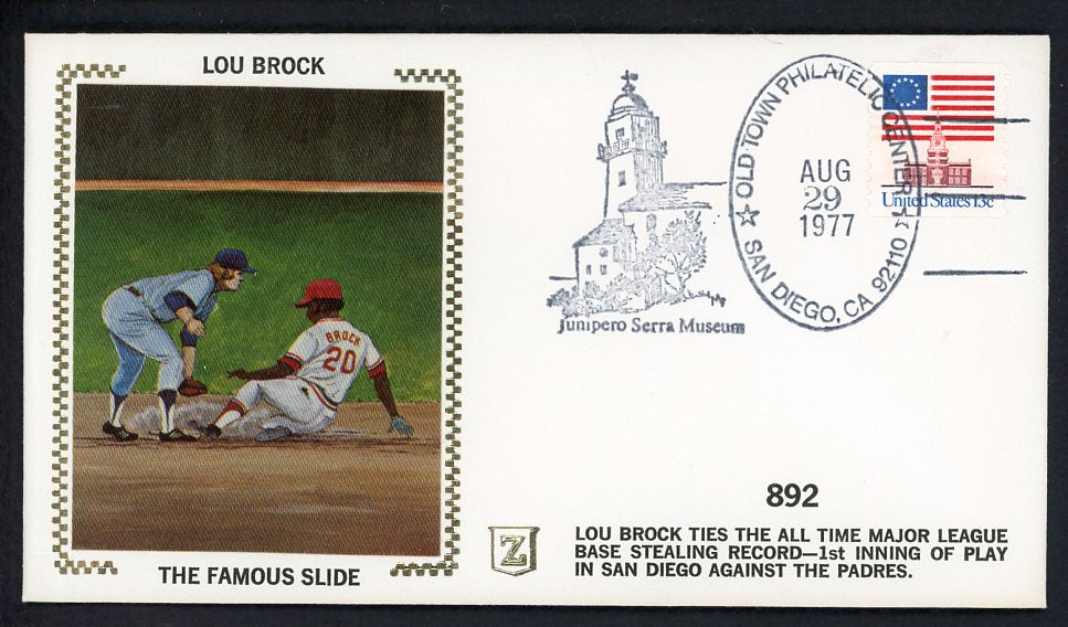 1977 First Day Cover Lou Brock Cardinals Ties Stolen Base Record 558524