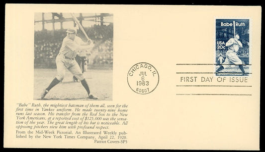 1983 First Day Cover Babe Ruth 1920 Transfer To Yankees Patriot 558544