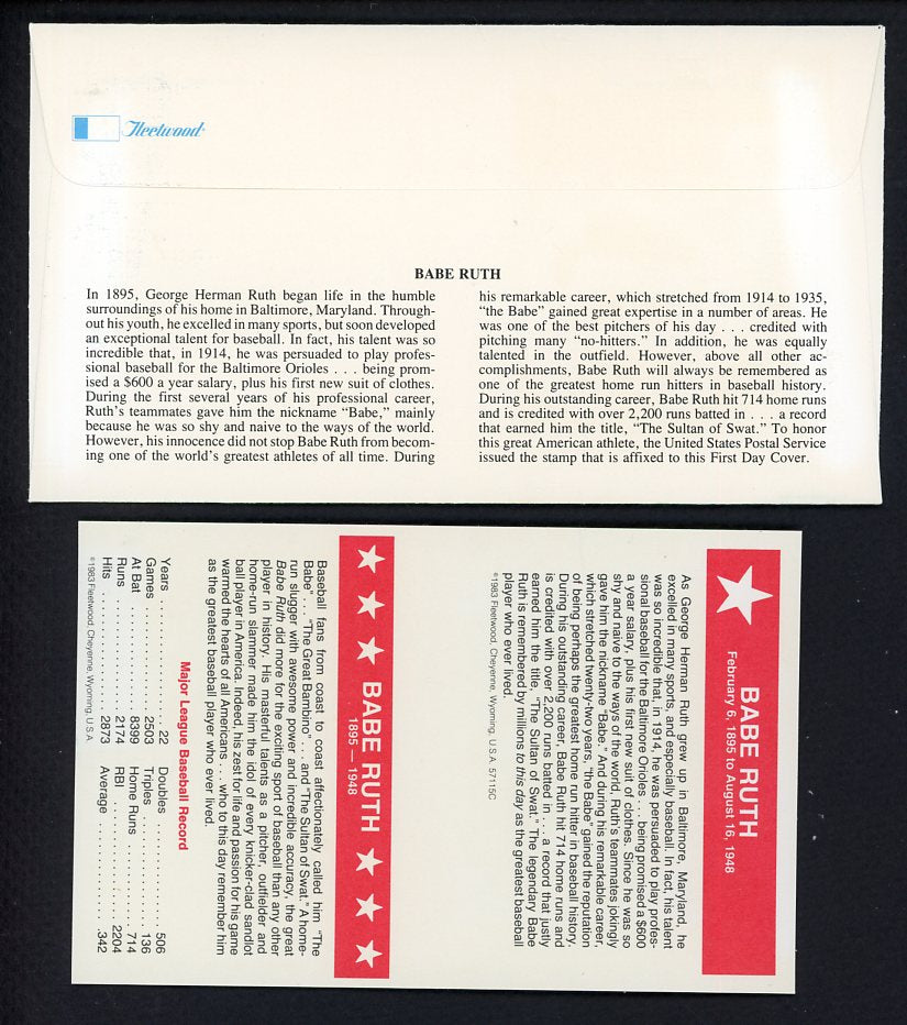 1983 First Day Cover Babe Ruth Baseball Legend Fleetwood 558545