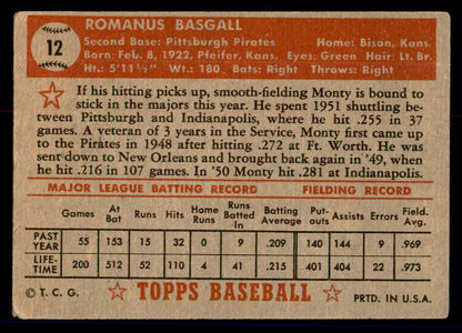 1952 Topps Baseball #012 Monty Basgall Pirates VG-EX Red 558597