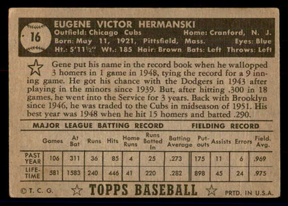 1952 Topps Baseball #016 Gene Hermanski Cubs VG Black 558601