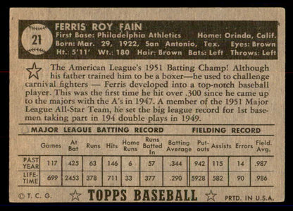 1952 Topps Baseball #021 Ferris Fain A's VG-EX Black 558605