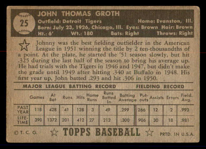 1952 Topps Baseball #025 Johnny Groth Tigers VG Black 558609