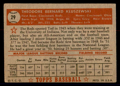 1952 Topps Baseball #029 Ted Kluszewski Reds VG-EX Red 558612